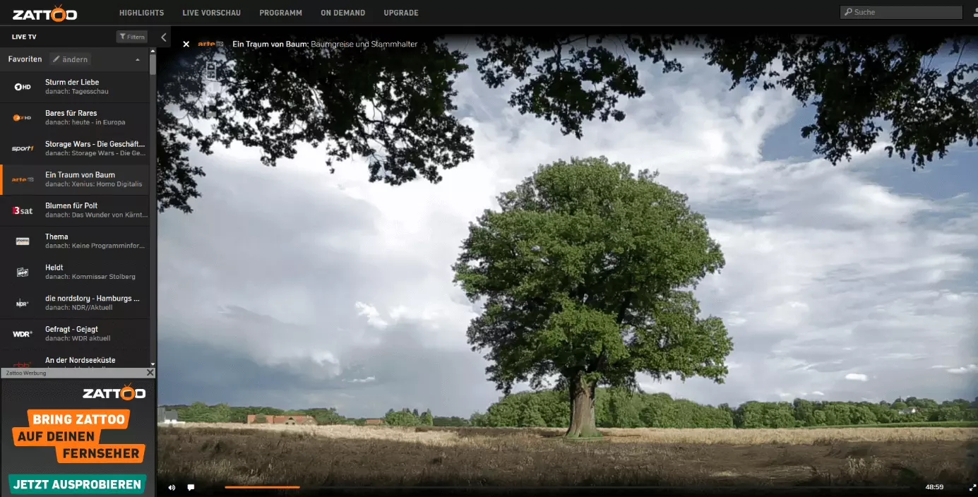 Bild: Ansicht eines Livestreams innerhalb der Zattoo-Web-App