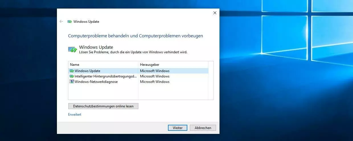 Bild: Windows Update-Problembehandlung unter Windows 10