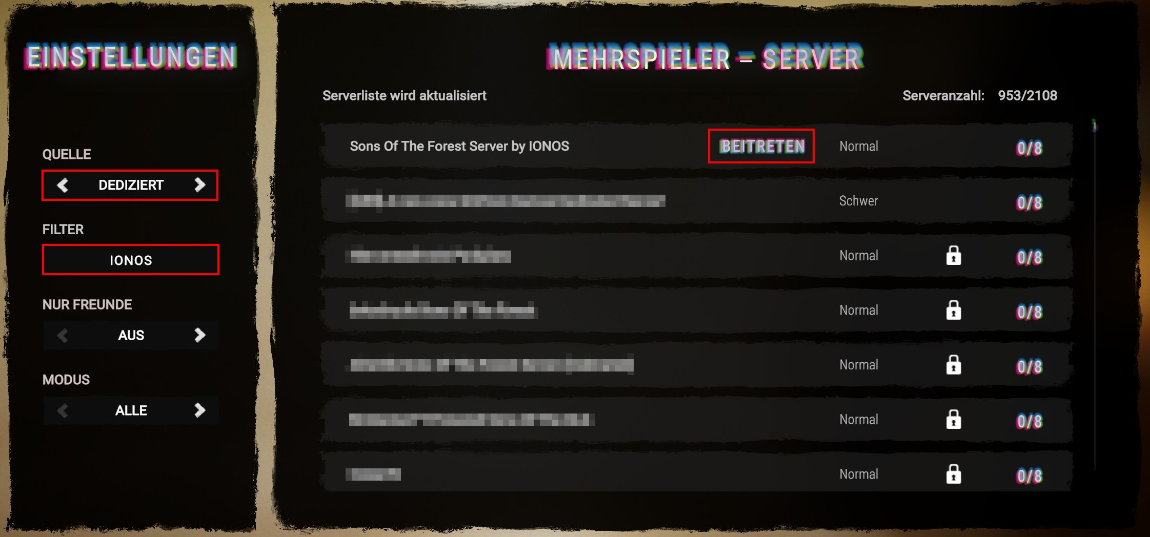 Screenshot des SotF-Servermenüs Bild: Screenshot des SotF-Servermenüs