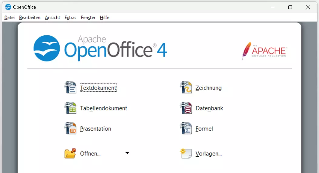 Startmenü von Apache OpenOffice Startmenü von Apache OpenOffice
