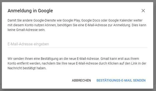 Bild: Fenster zur Bestätigung des Löschvorgangs mit neuer E-Mail-Adresse