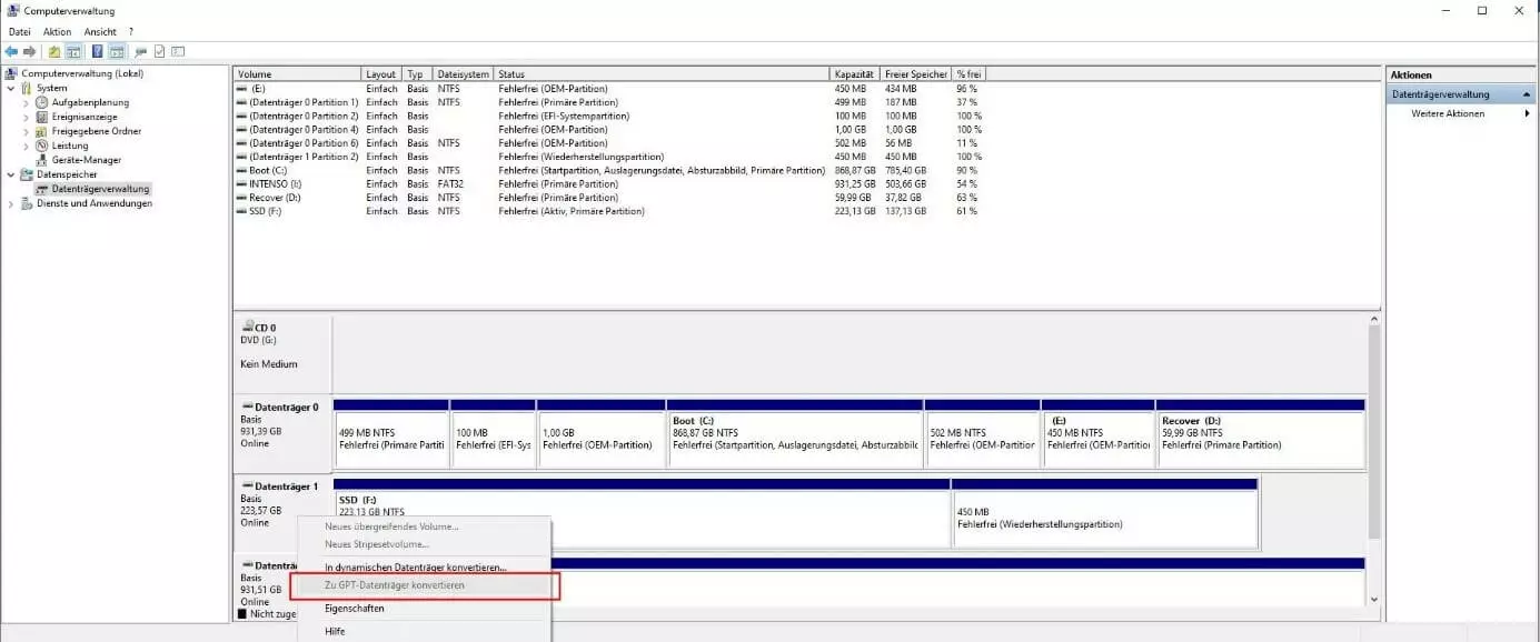 Bild: Windows-Datenträgerverwaltung: GPT-Umwandlung